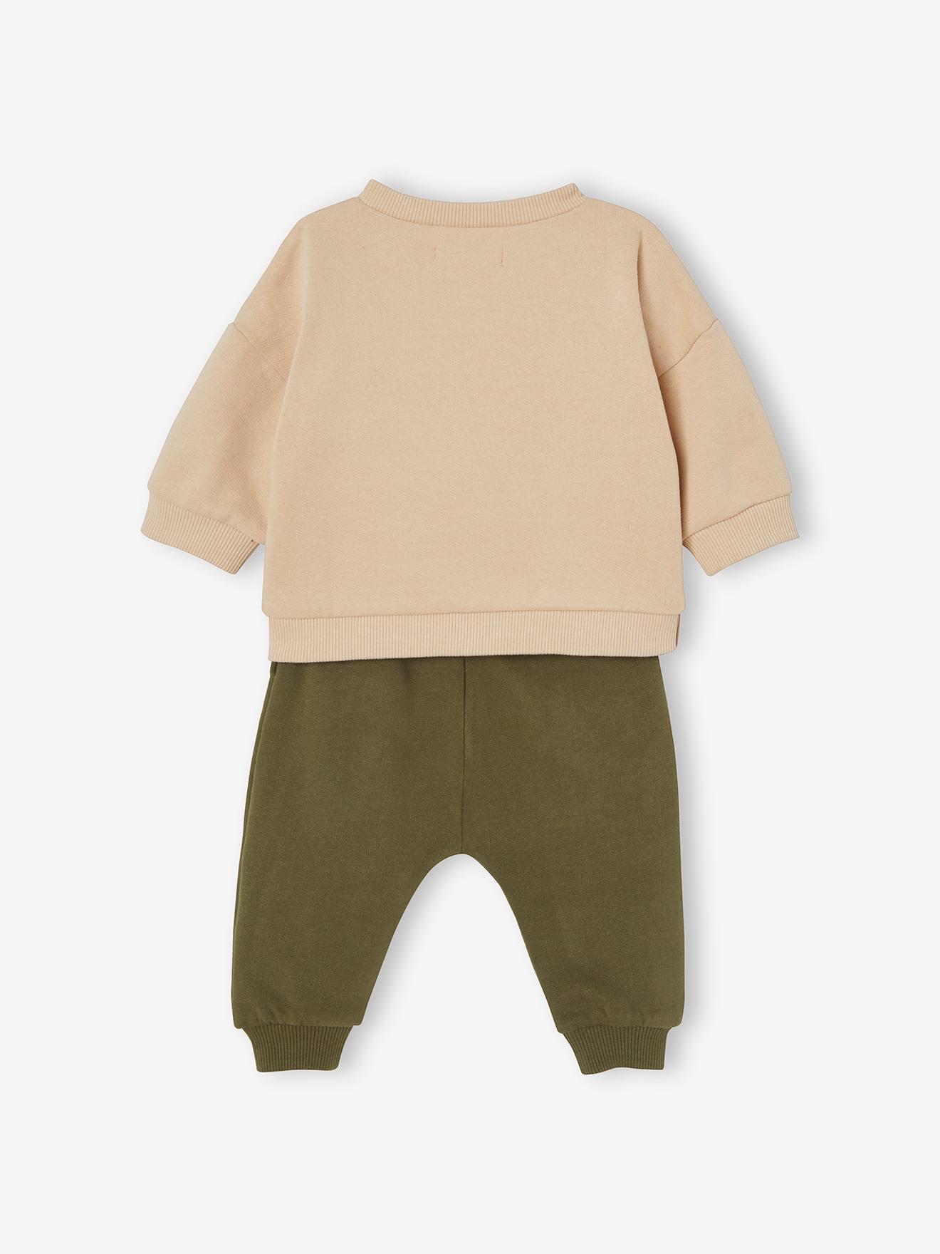 Conjunto de moletom e calça de fleece para bebê, verde escuro liso com estampas.