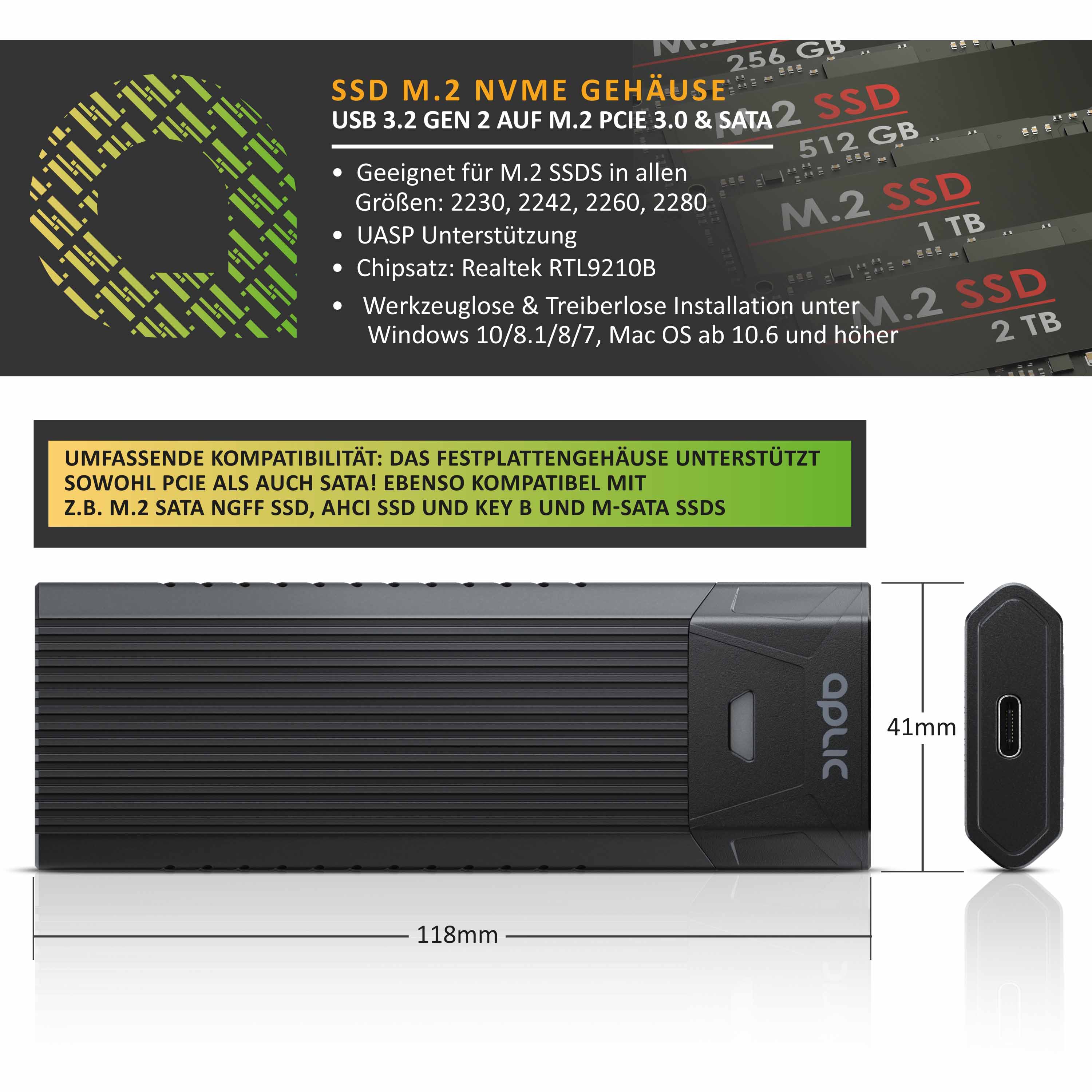 Aplic M.2 NVMe Gehäuse USB 3.2 Gen 2 auf PCIe 3.0 und SATA kompatibel mit 2230, 2242, 2260, 2280