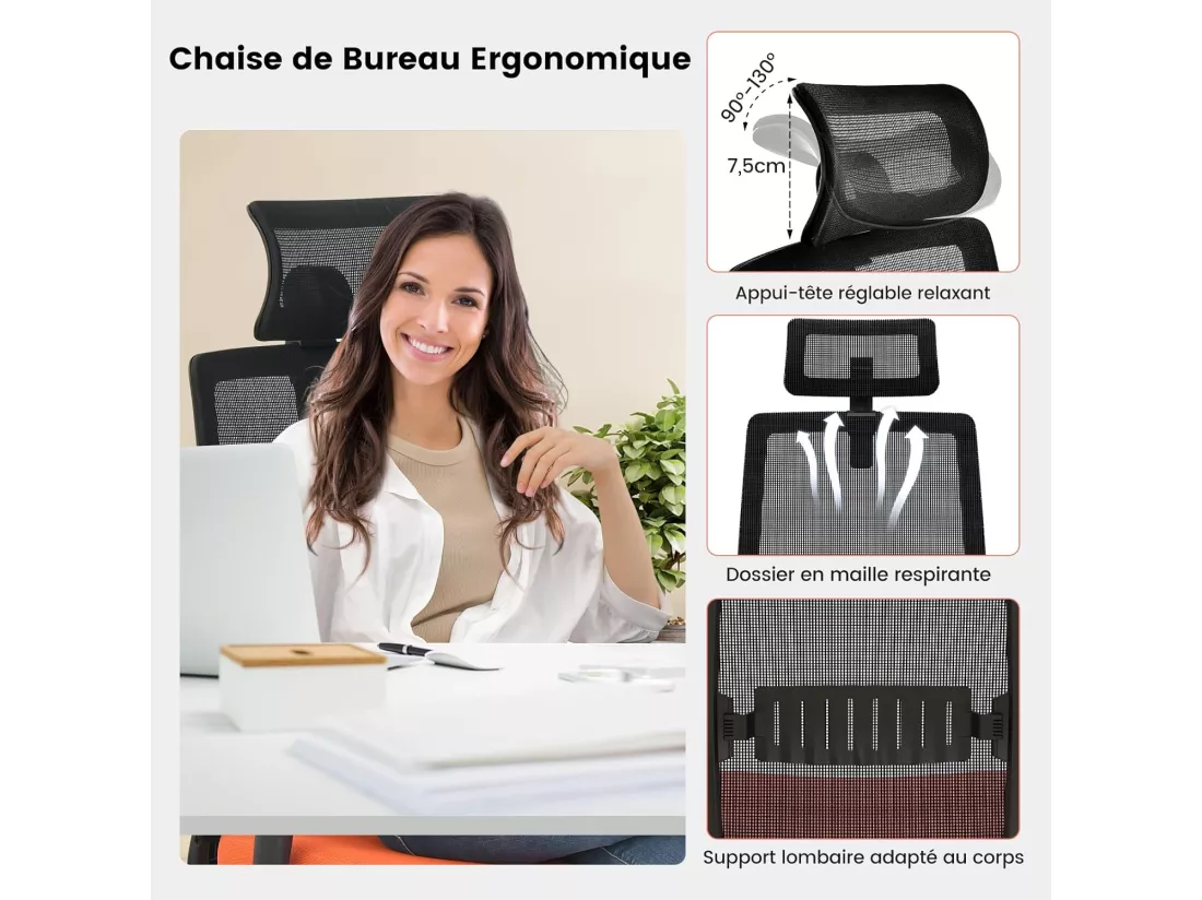 Chaise de Bureau Ergonomique, Réglable en Hauteur, Dossier Respirant, Soutien Lombaire, Appui-Tête 3D Confortable, pour Bureau, Étude, Salle de Conférence