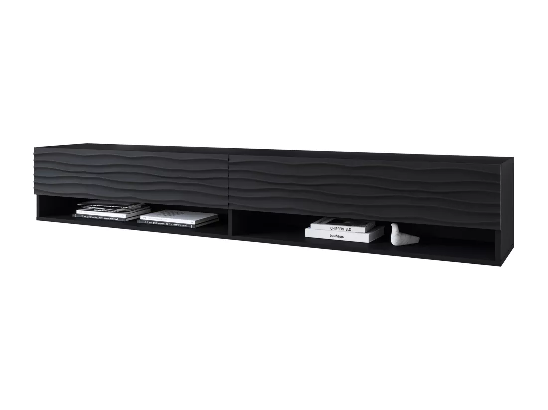 Meuble TV - 180 cm - noir graphite/noir avec façade à motif ondulé - sans LED - WANDER