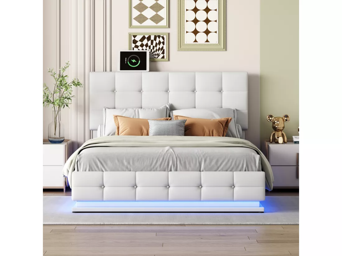 Lit coffre 140x200 cm avec tête de lit carré, éclairage LED et coffre de lit, relevage hydraulique, sommier à lattes, lit adulte style contemporain, simili cuir - Blanc