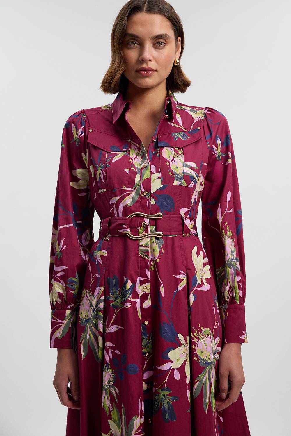 KarenMillen Robe Chemise Mi-Longue en Satin de Coton Tissé à Imprimé Floral