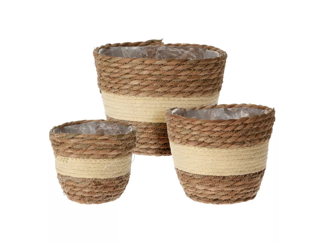 Set 3 Paniers à Plantes d'Extérieur Doublés Quenouilles Marron Beige