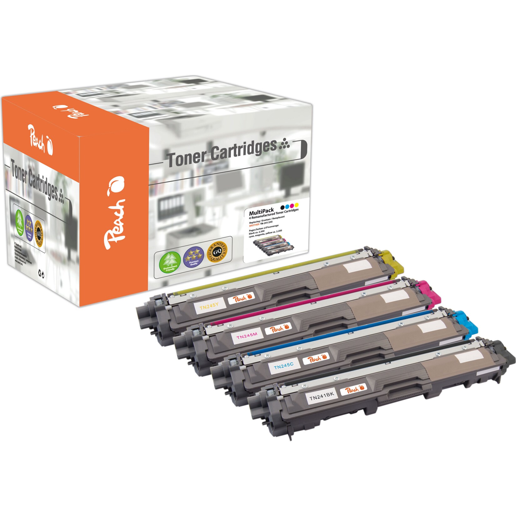 Peach B241 BK 4 Toner XL (bk, c/m/y) ersetzt Brother TN-241BK, TN-245 für z.B. Brother DCP -9020 CDW, Brother HL -3140 CW, Brother HL -3150 CDN (wiederaufbereitet)