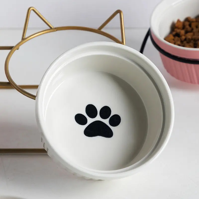 Haustier Futterstation Katzen Fress Napf Hunde Keramik Schale mit Neigung - Weiss / Gold