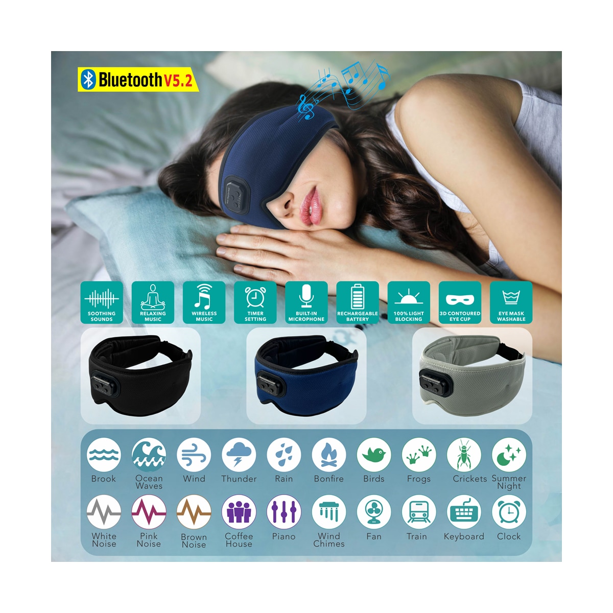 3D-søvnmaske Bluetooth-sovehodetelefoner Sort