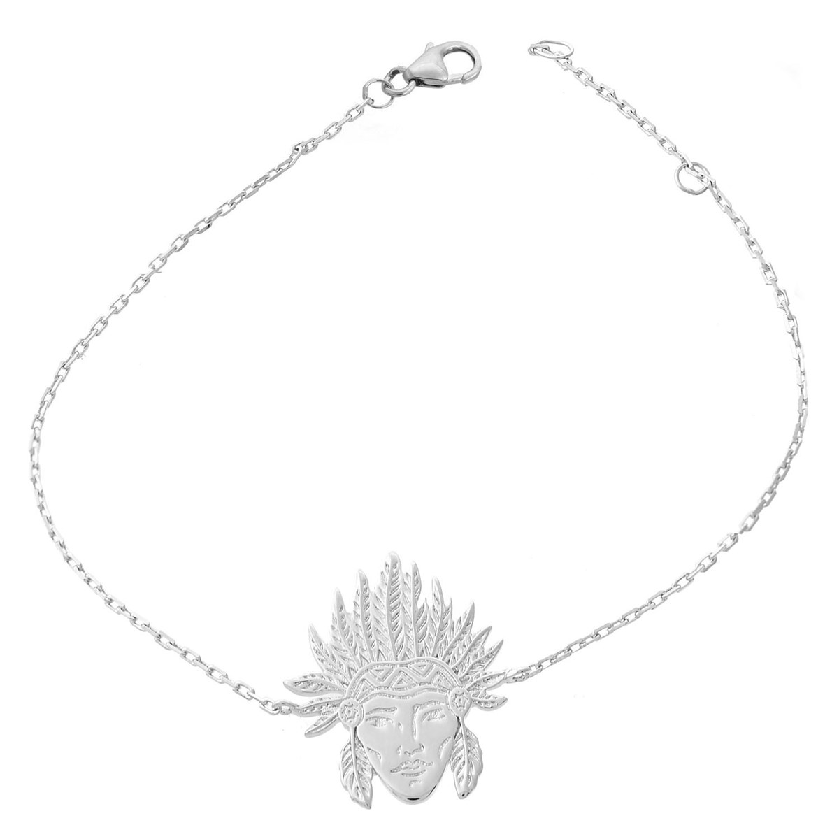 Bracelet tête d'indien d'Amérique amérindien coiffe plume Argent 925 Rhodié
