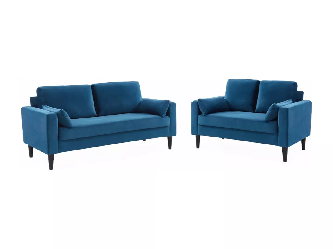 Canapé en velours bleu- Bjorn - Canapé 2 places fixe droit pieds bois style scandinave