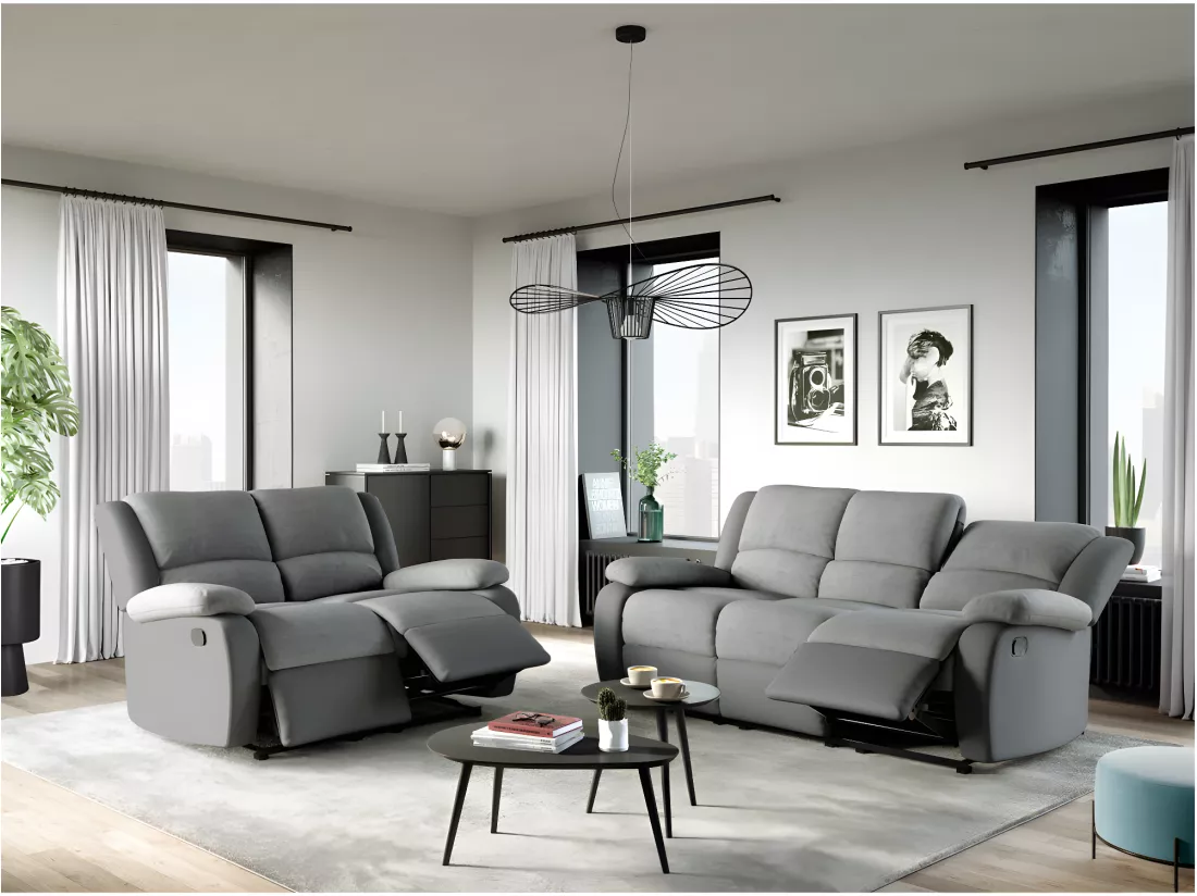 Canapé Relaxation 3 places Microfibre et Simili Léo - Gris - L193 x 93 x 96cm - Loungitude