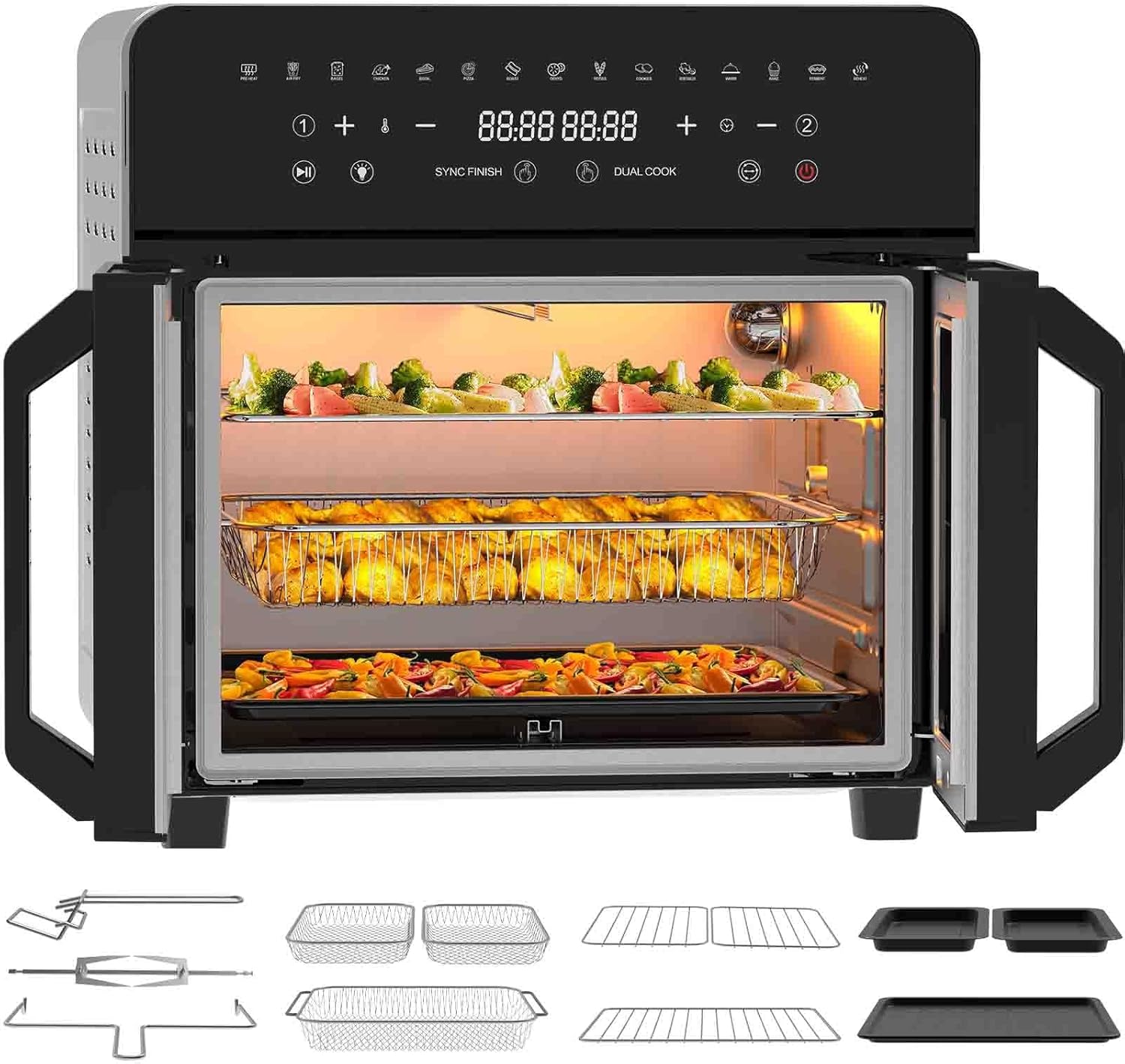 Heißluftfritteuse 23L Dual Zone - XXL Airfryer mit French Door | Heissluftfritteuse Ofen mit Doppelkammer, 15 Programme, 2200W, 12 Zubehör, Herausnehmbarem Trenner für Kochraum, 50-200℃