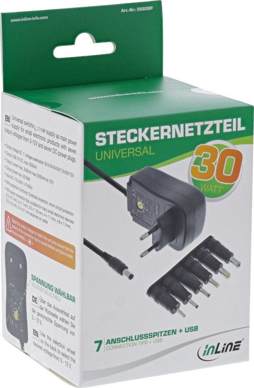 InLine - Universele Voedingsadapter - 3-12V - 30W - 7 Pluggen