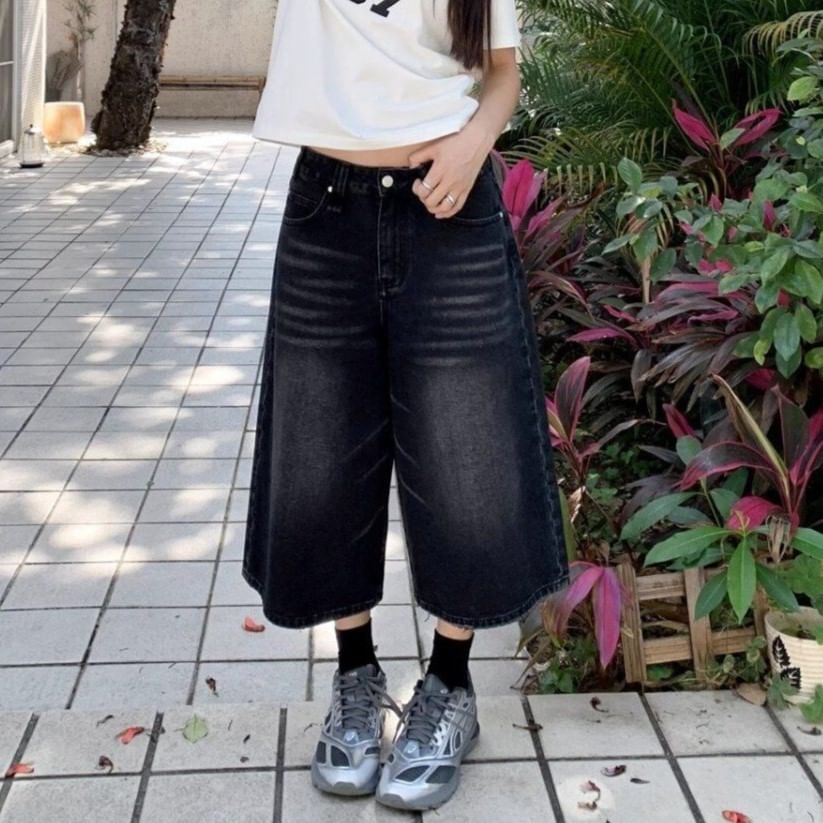 rinkoplan - Low Rise Washed Wide-Leg Denim Jorts