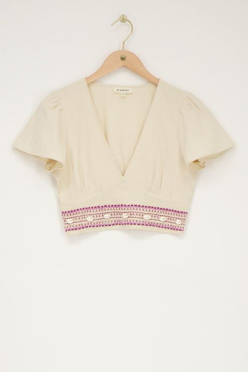 Beige linnen look top met schelpjes