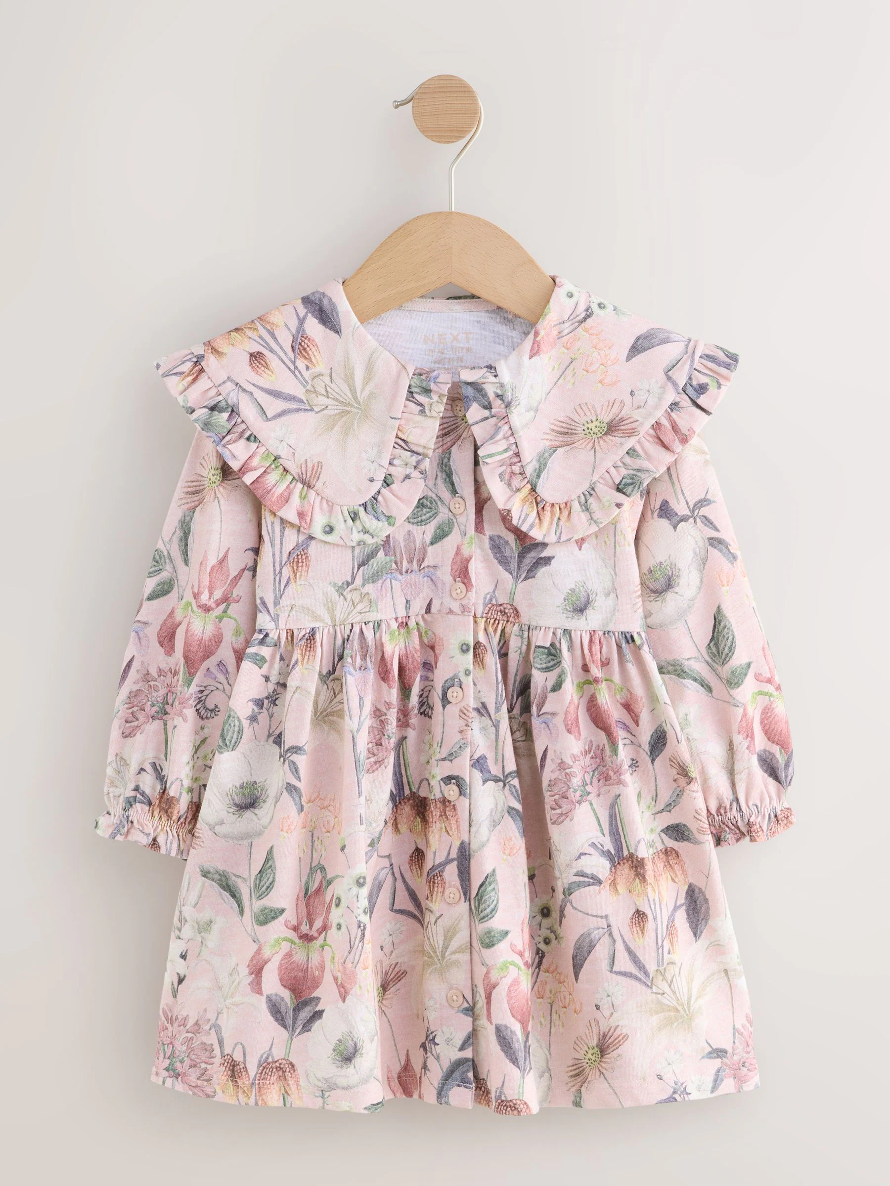 Roze met bloemenprint - Jurk met lange mouwen en kraag (3mnd-7jr)