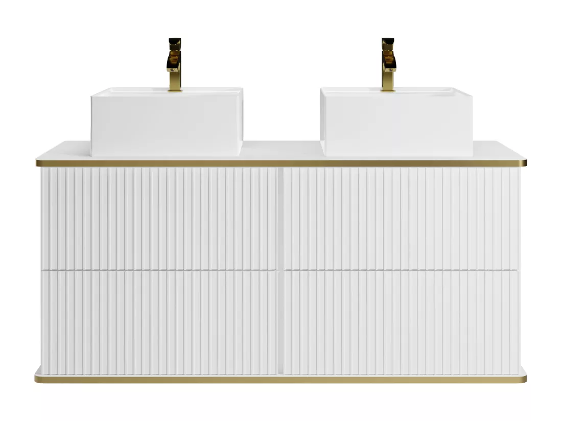 Meuble de salle de bain suspendu strié liseré doré avec double vasque à poser carrée - Blanc - 120 cm - KELIZA