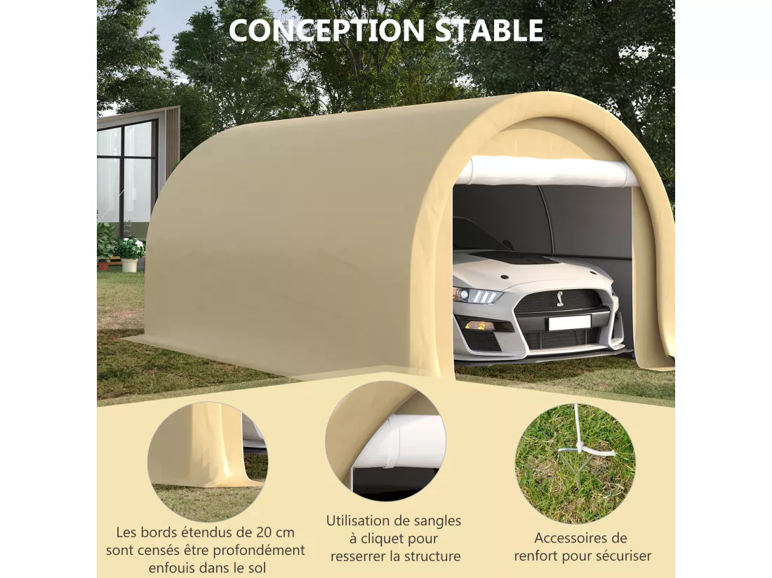 Tente garage carport dim. 5L x 3l x 2,4H m acier galvanisé robuste PE haute densité 190 g/m² imperméable anti-UV beige