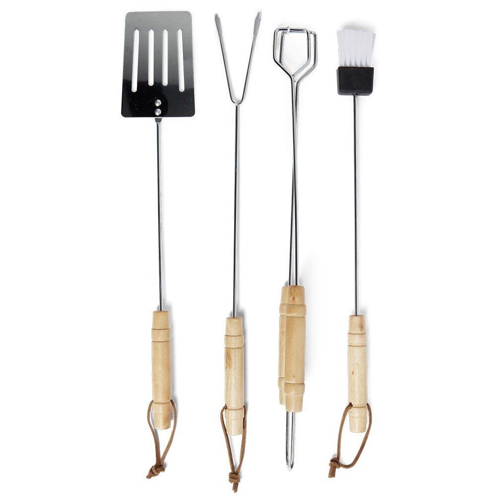 Lot de 4 ustensiles barbecue en acier chromé et bois