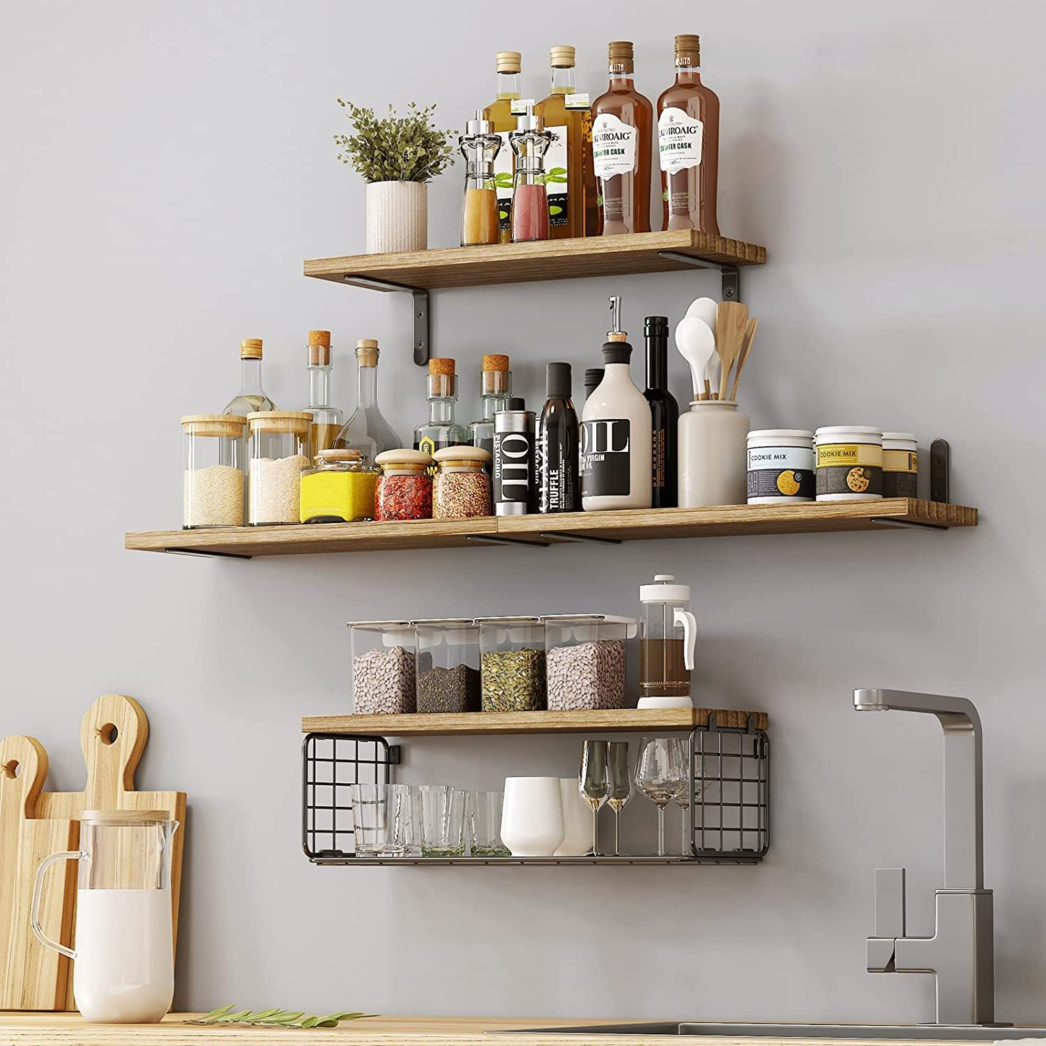 Industrial Holz Wandregal Loft Home Deko Schwebendes Regal mit 4 Ebenen   Gitter Fach - Braun / Schwarz