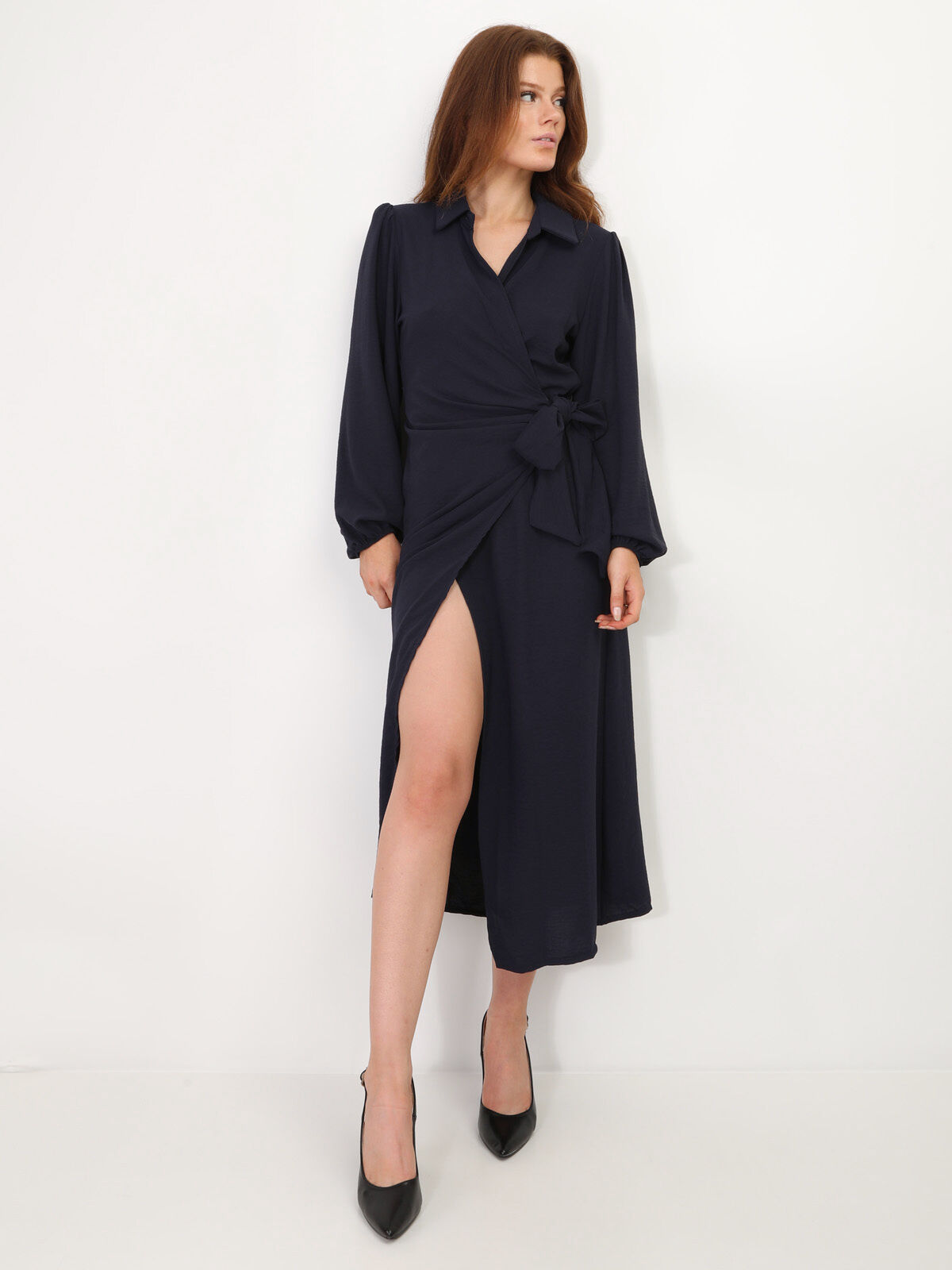 Robe cache-coeur longue à nouer- Bleu marine