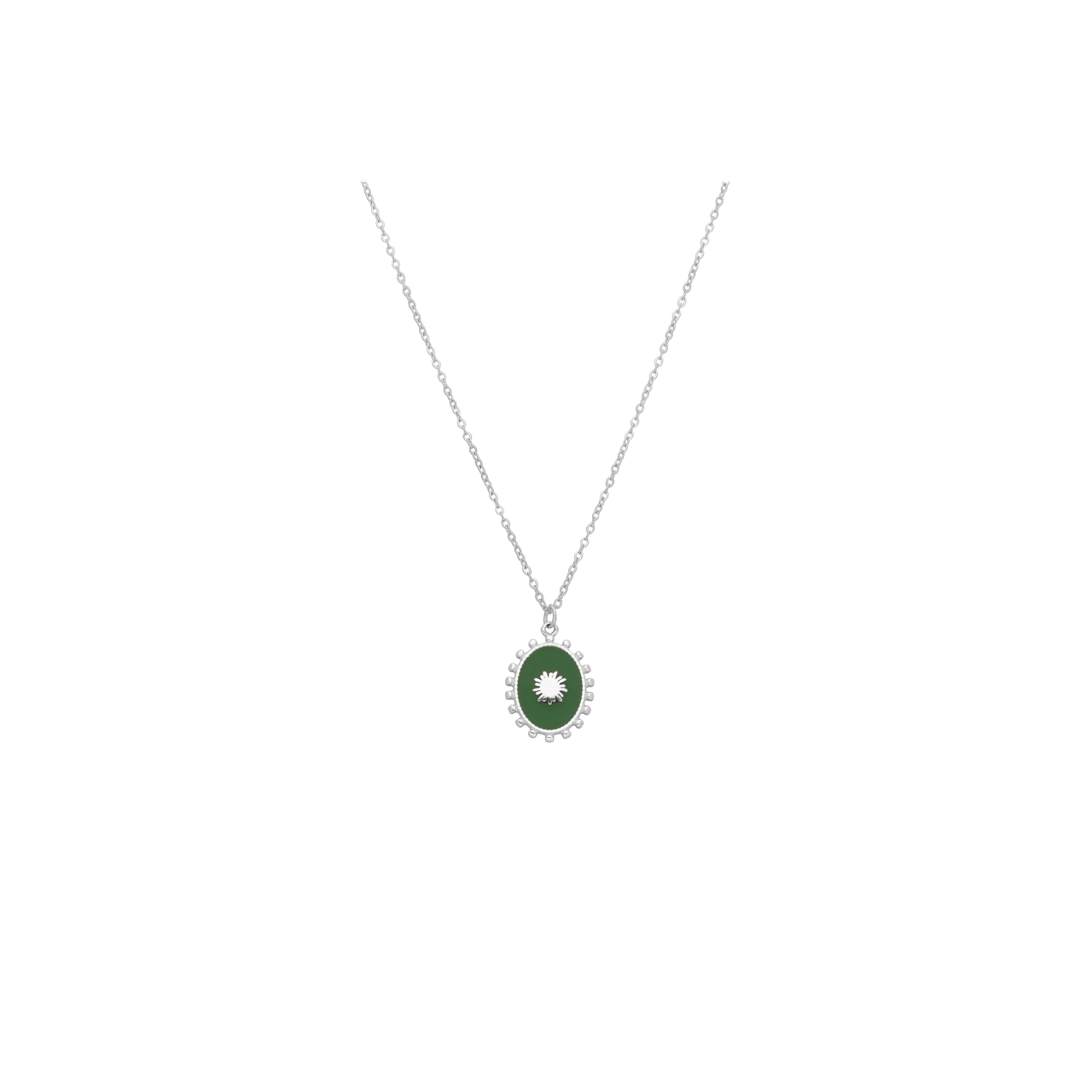 Stalen ketting met groene ovale munt