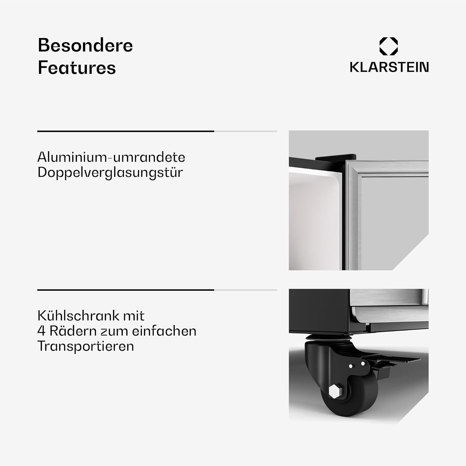 Klarstein GrandCooler 306L Getränkekühlschrank - Doppelverglaste Tür, Aluminium-Tür, LED-Beleuchtung, Mechanischer Thermostat, 0 °C bis 10 °C, 4 Räder, Energieklasse B