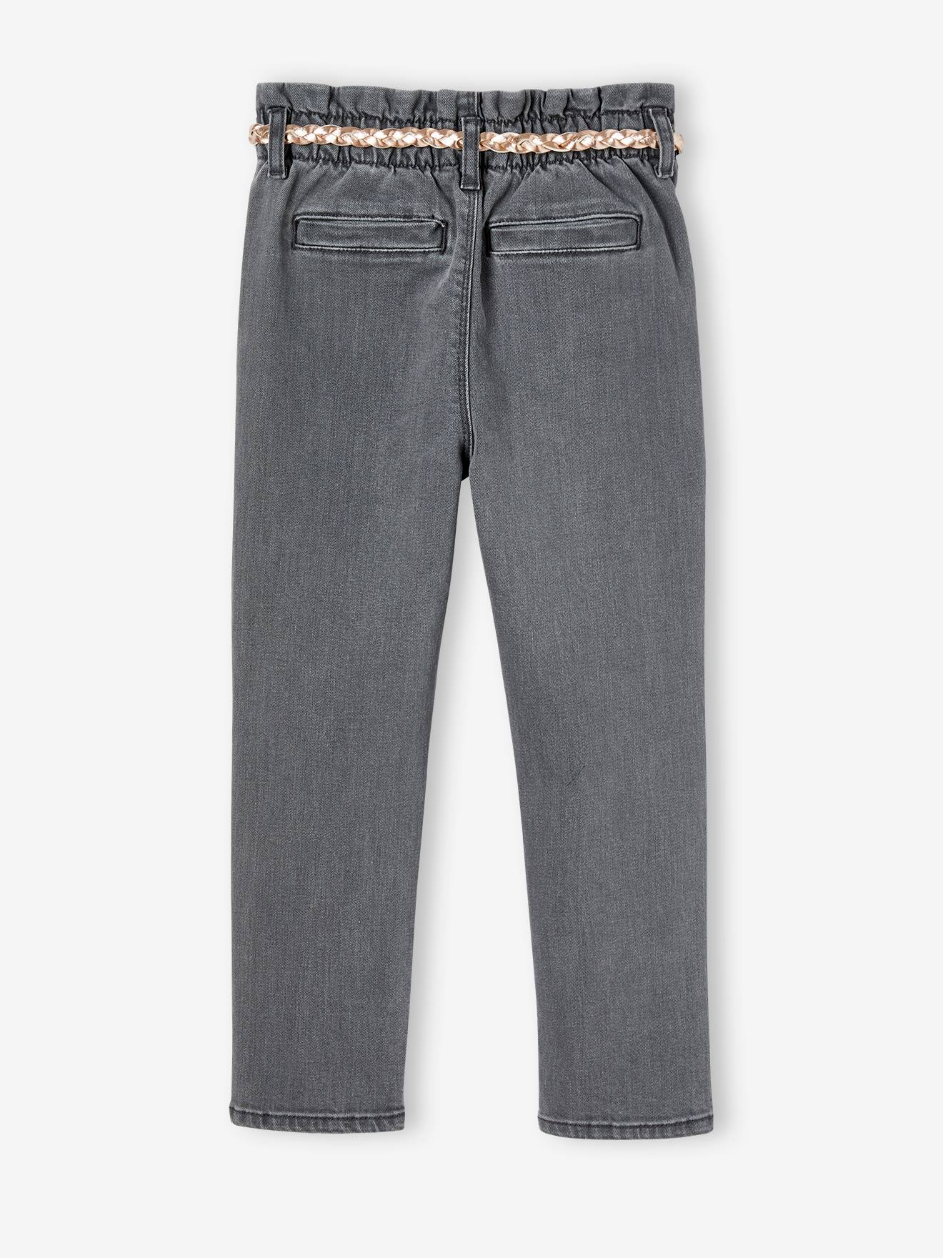 Calça jeans estilo paperbag para meninas e cinto trançado cinza claro lavado