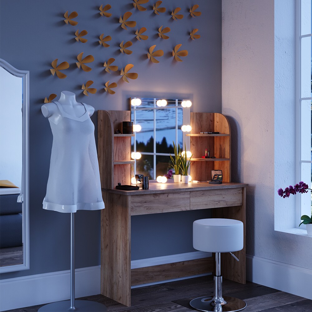 VICCO LED Schminktisch CHARLOTTE Frisiertisch Kommode Kosmetiktisch Eiche Hocker