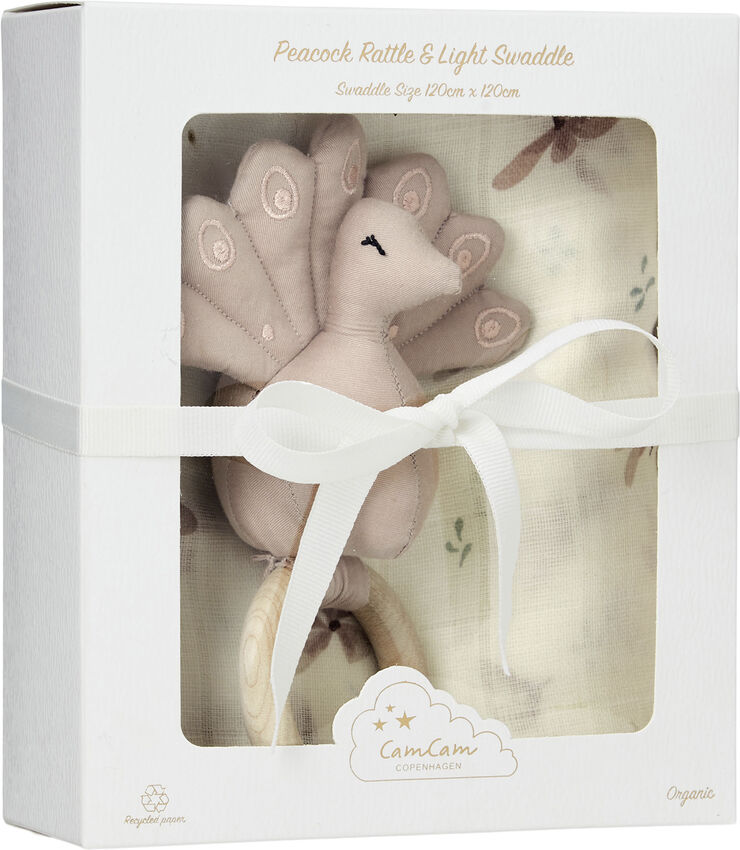 Cam Cam Copenhagen Gift Box w/ Swaddle and Peacock Rattle - OCS Windflower crème