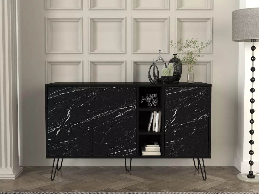 Buffet avec 3 portes et 3 niches - Effet marbre noir - POMONA