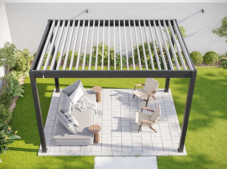 Pergola bioclimatique 3x4m - eclipse 12m² - gris - autoportee - aluminium - lames en acier galvanisé - lames orientables de 0 à 120°