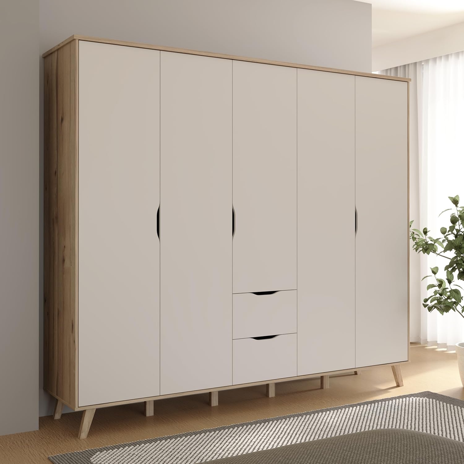 Forte VANKKA Kleiderschrank 230, Skandi Schrank mit 5 Drehtüren und 2 Schubladen, Filigrane Möbelbeine, Holzwerkstoff, Planked Eiche Holzdekor | Weiß, 228,8 cm breit x 201,5 cm hoch x 52,7 cm tief