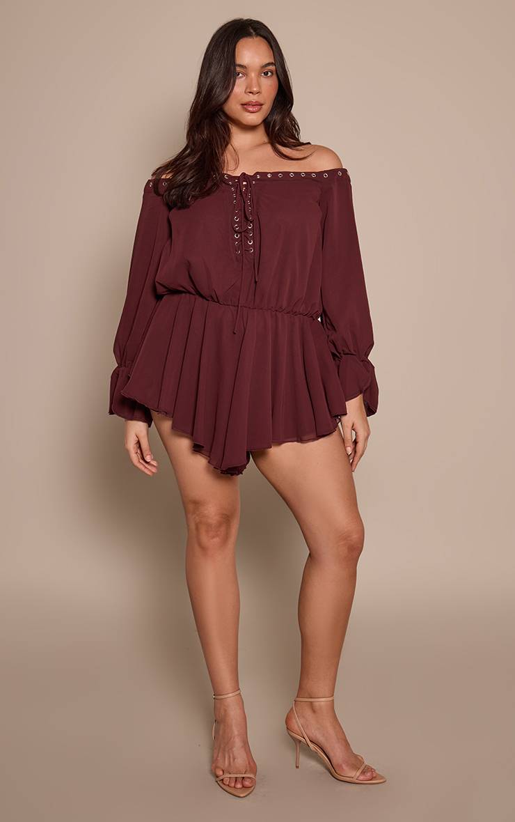 Prune Combi-short Grande Taille En Mousseline À Manches Longues Col Bardot Et Coupe Fluide