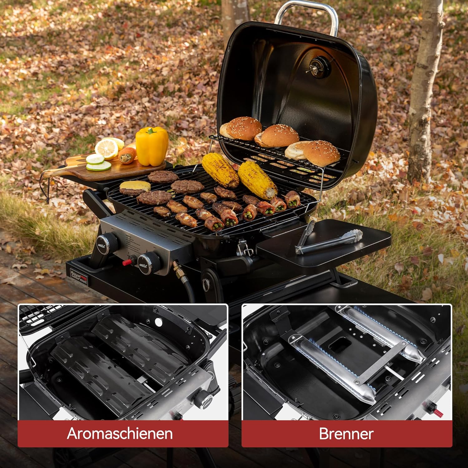 Royal Gourmet Tragbarer 2-Brenner Gasgrill inkl. Grilltisch, 5kW Tischgrill mit separatem Rollwagen, Portabler Tischgasgrill mit Klapptisch für Balkon,Terrasse, Camping Schwarz
