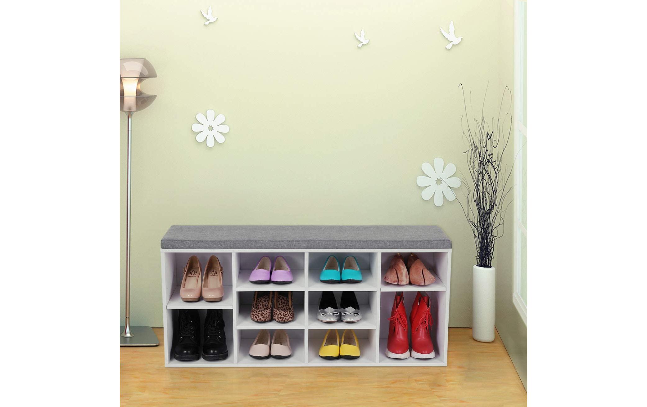 Schuhregal mit Polster, 104 x 48 cm, Weiss<br>Schuhablage mit Sitzbank