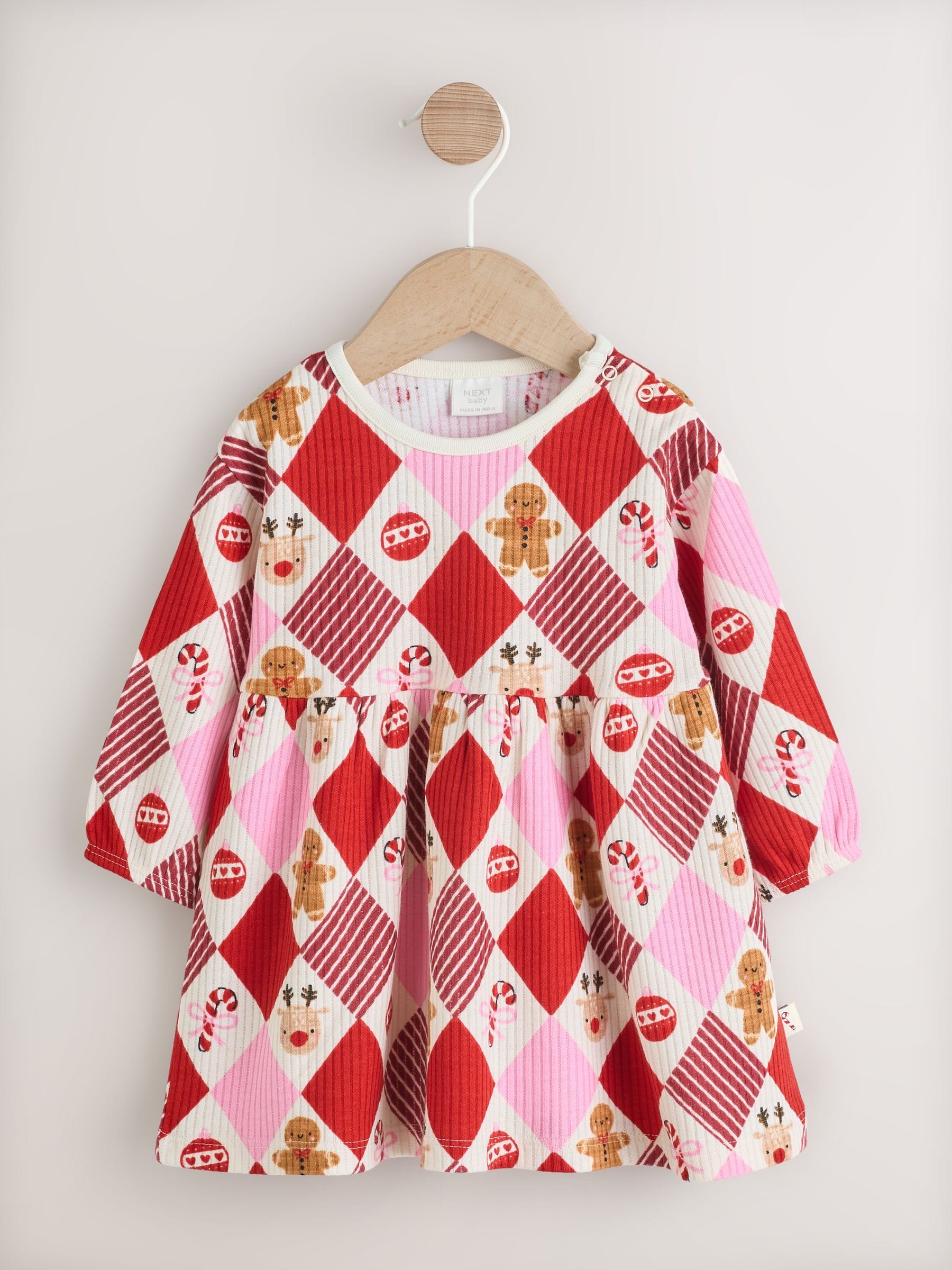 Rood/Roze Harlequin personage - Jersey babyjurk met kerstprint (0mnd -2jr)