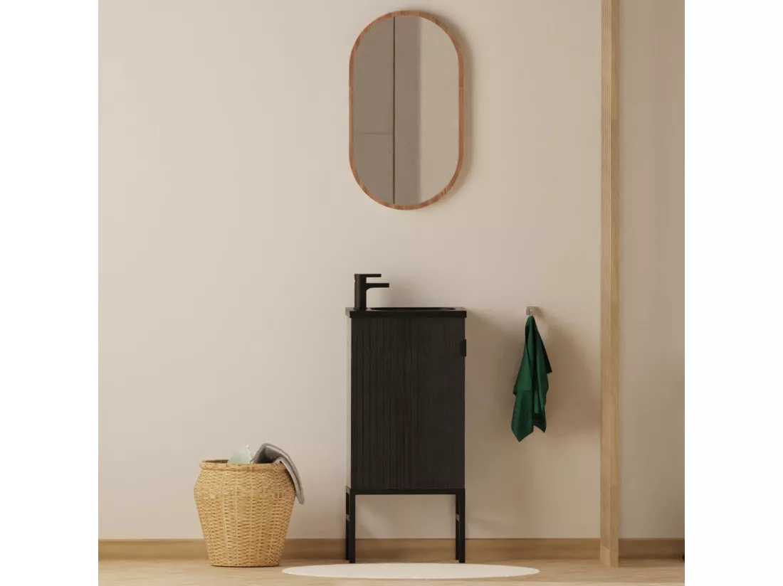 Ensemble meuble lave-mains chêne carbone + robinet + miroir