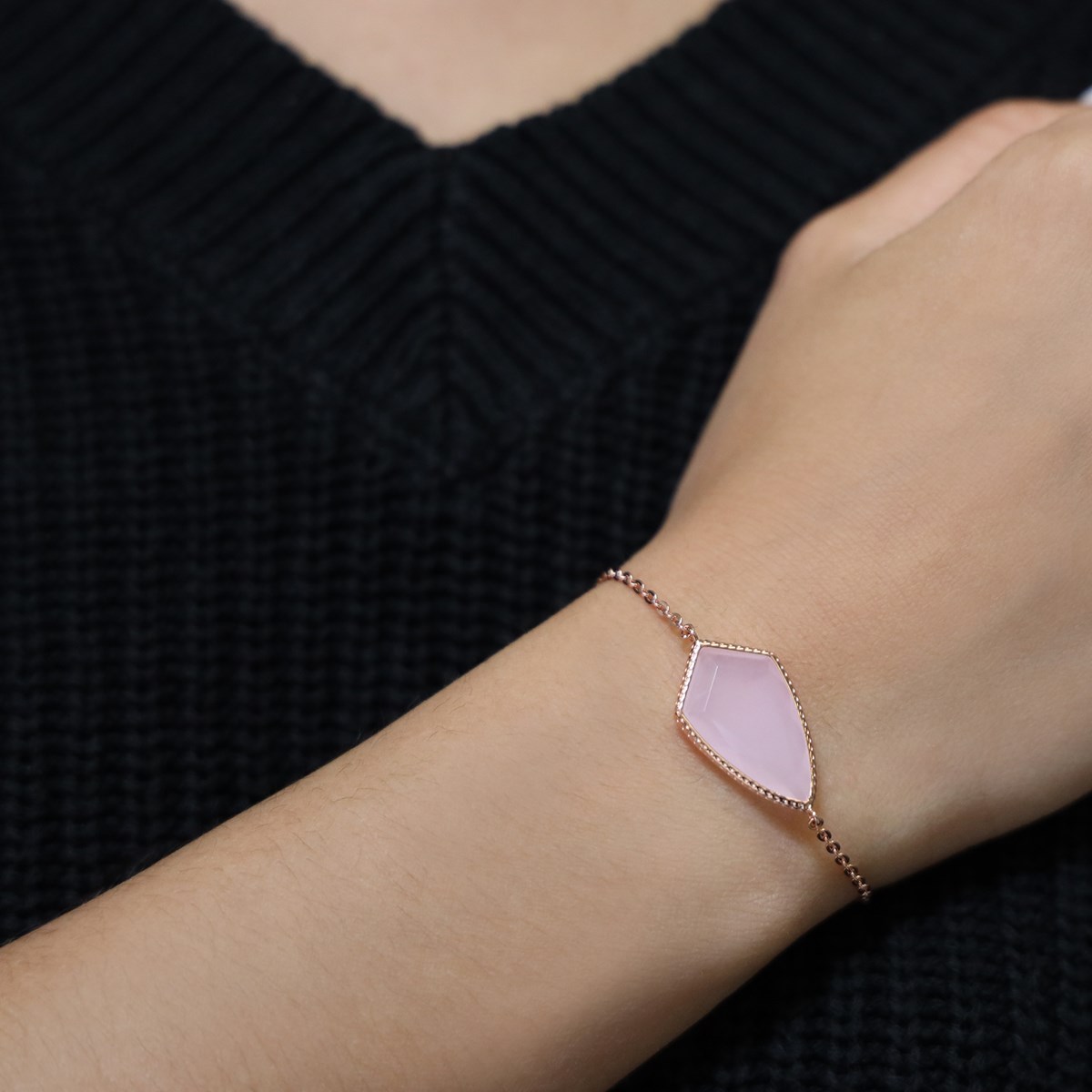 Bracelet Argent Blason Rose Pierre Rose