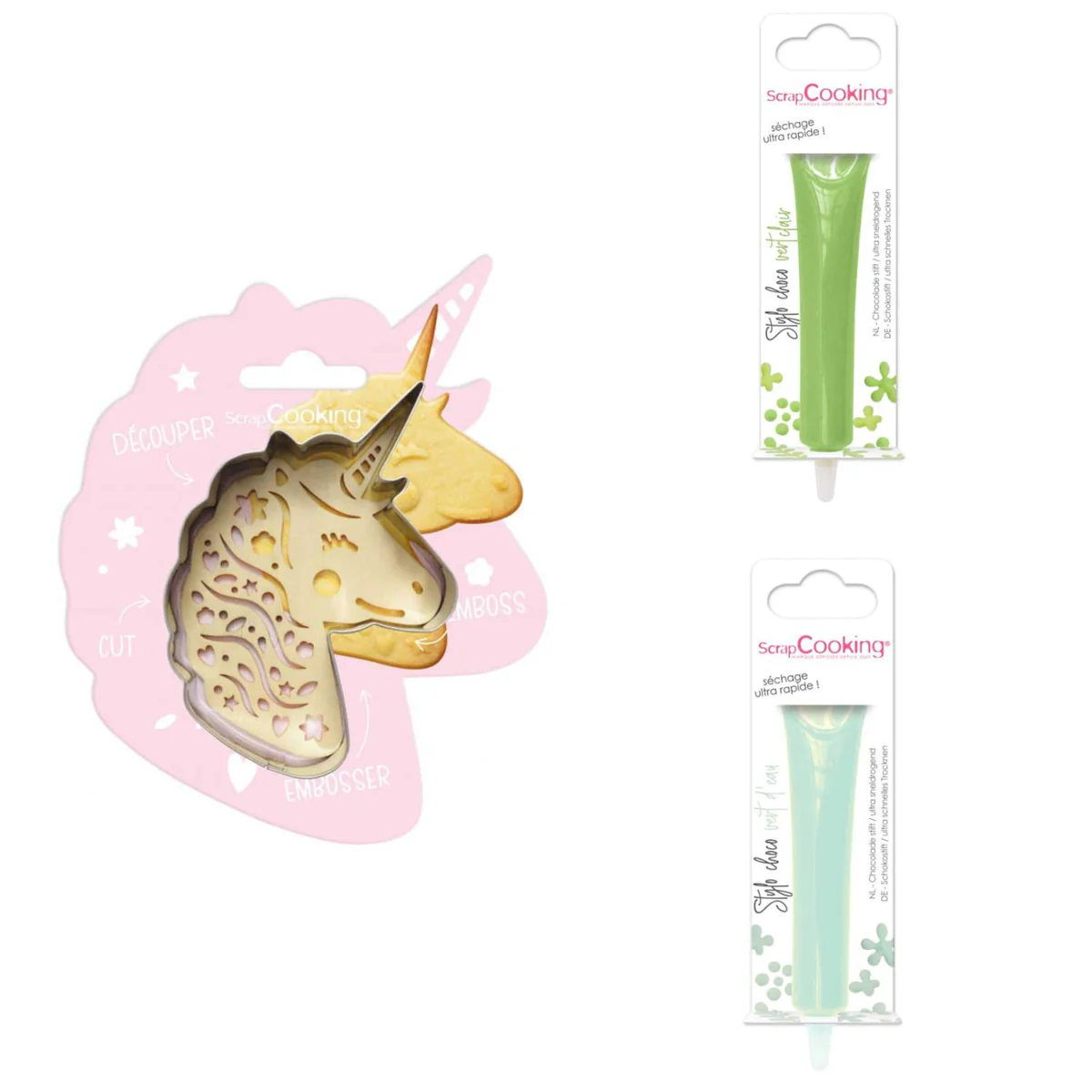 Kit pour biscuit en relief Licorne + 2 Stylos au chocolat vert clair e