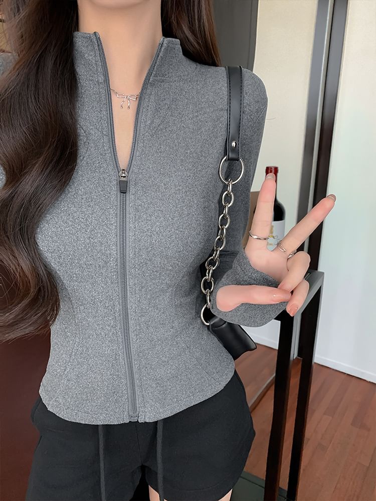Trendycas - Effen cropped jack met opstaande kraag en rits