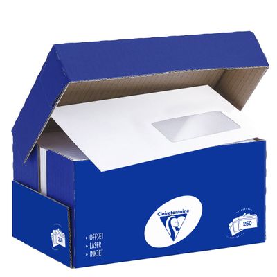 Clairefontaine Clairalfa - 250 Enveloppes DL 110 x 220 mm - 90 gr - fenêtre 35x100 mm - blanc - bande adhésive