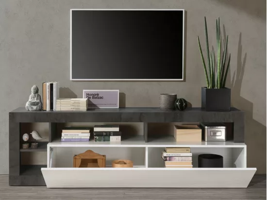 Meuble TV SEFRO - 1 porte et 4 niches - Blanc laqué et béton