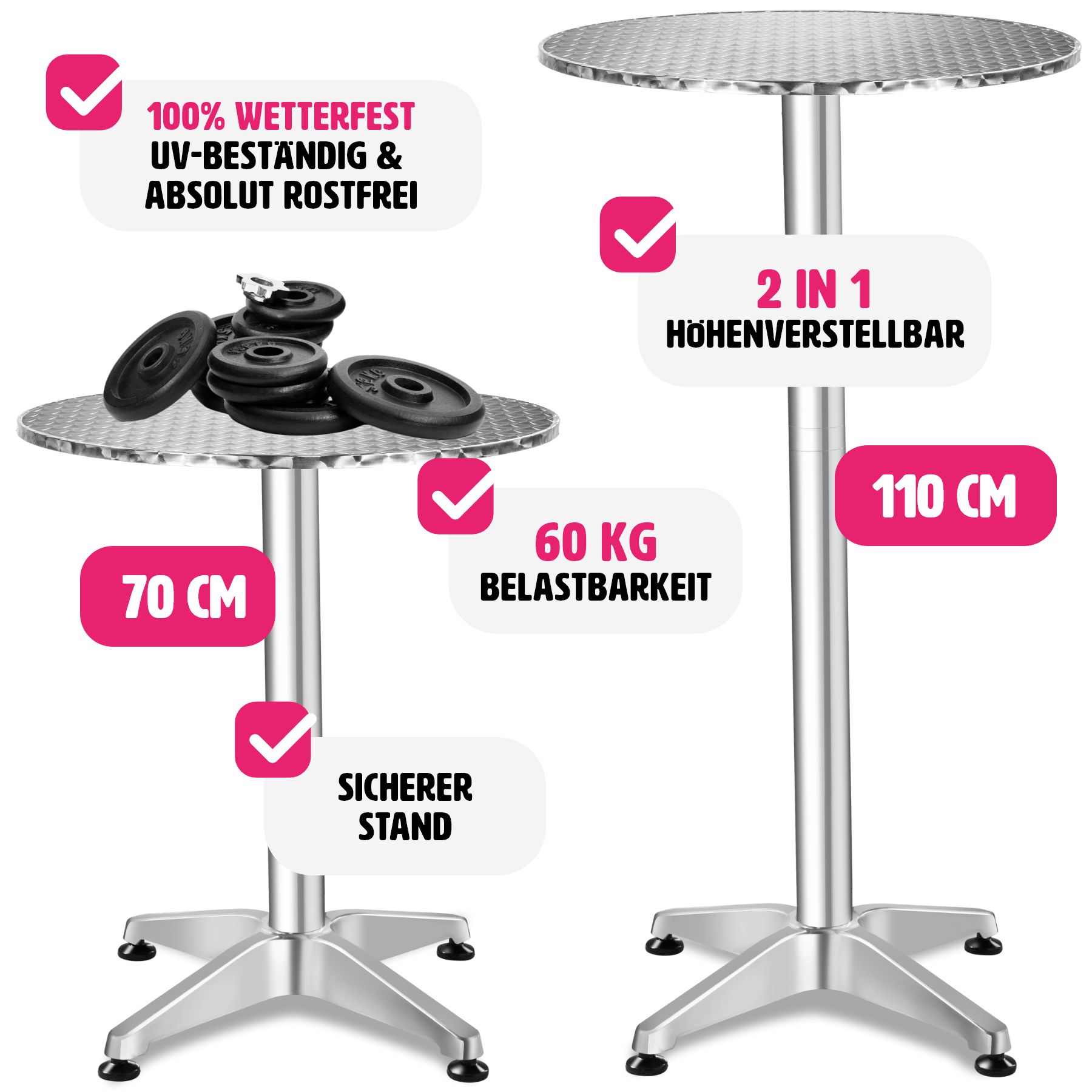 tectake® Stehtisch, aus Aluminium, rund, standfest und pflegeleicht, 60 x 70/110 cm