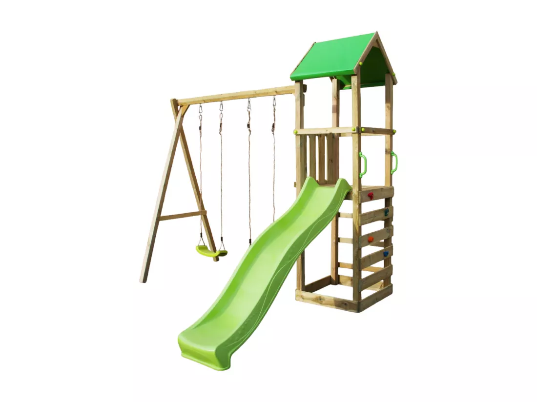 KANGUI Portique bois enfant avec tobogan, balançoires, escalade et cabane WALLI