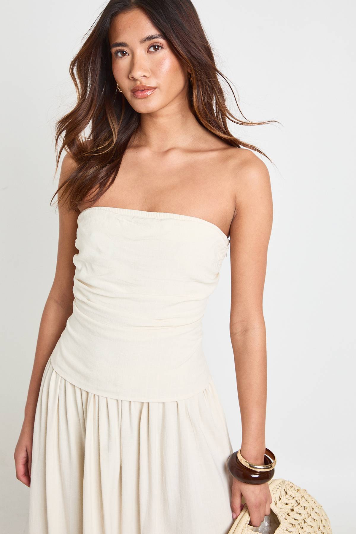 boohoo Robe Bandeau Midaxi En Lin Premium