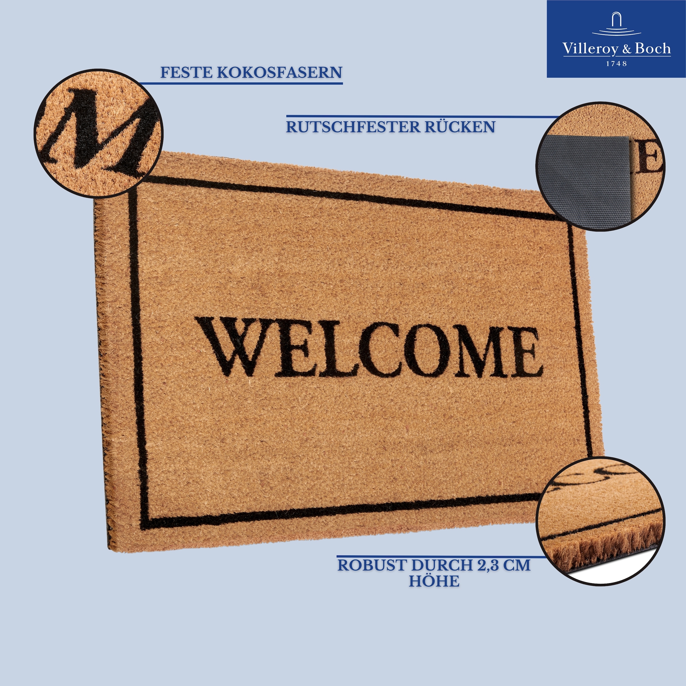 Villeroy & Boch Fussmatte »Caroline Welcome, Türmatte« rechteckig 23 mm Höhe Robust, Innen, Aussen, Schmutzabtreter, Wetterfest, Natur, Kokos