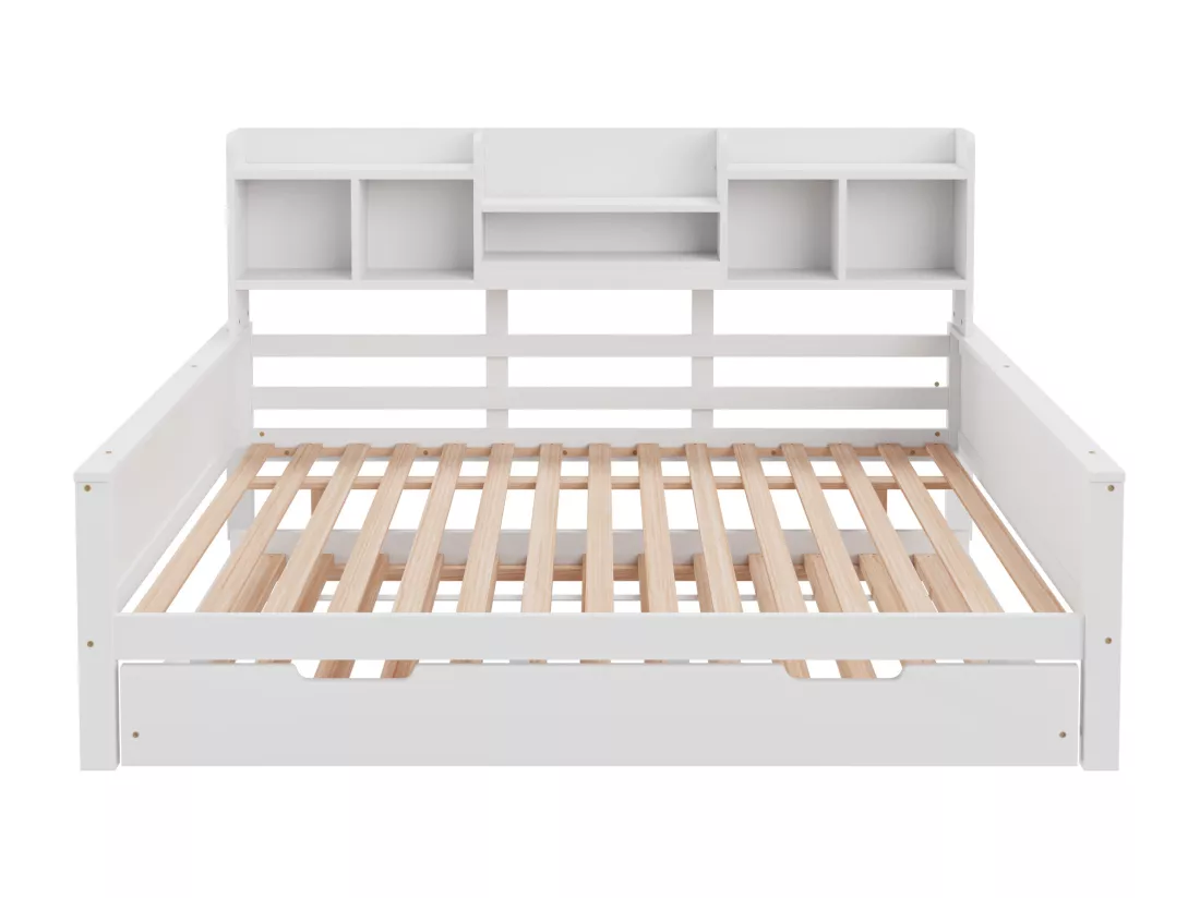 Canapé-lit gigogne 140x200 cm - Lit gigogne 90x190 cm - avec rangement - sommier à lattes - pin multi - blanc (matelas non inclus)