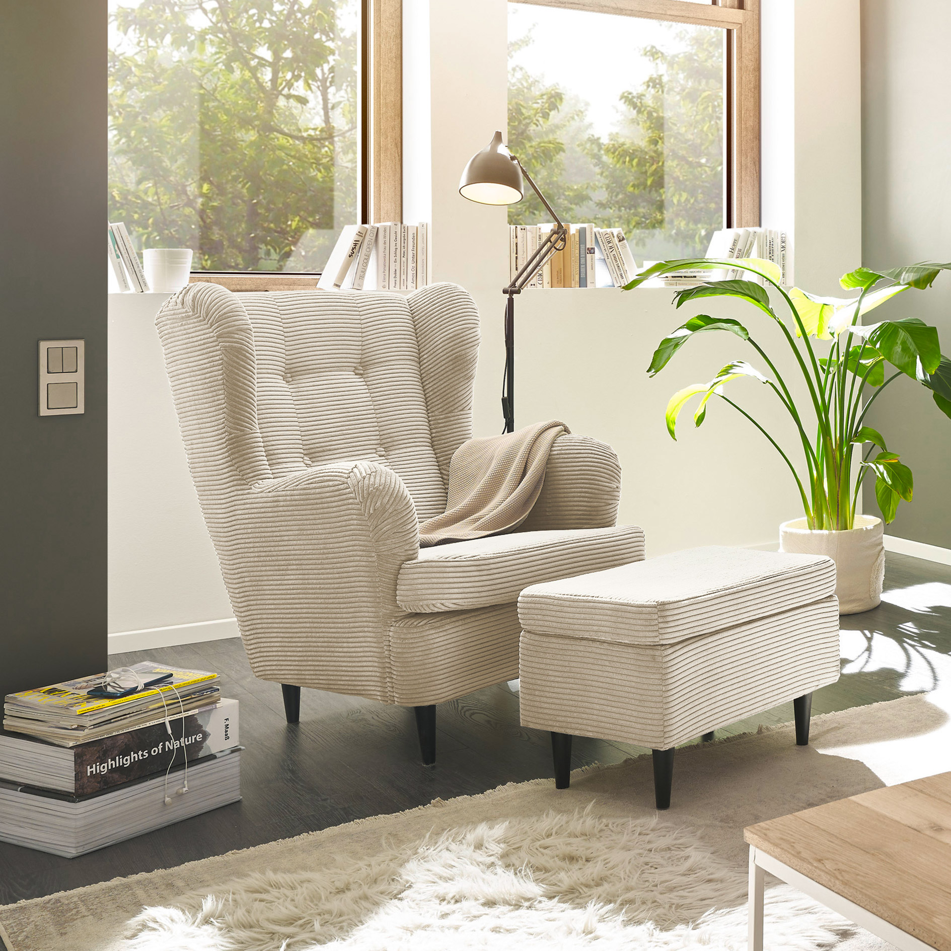 Hocker - cream - Cord - Massivholzfüße