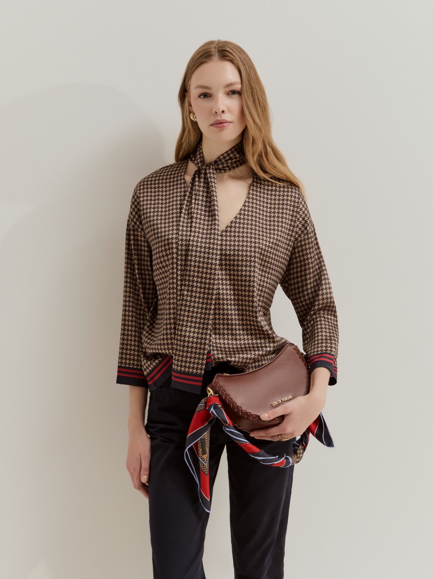 Blusa de manga comprida com padrão pied-de-poule