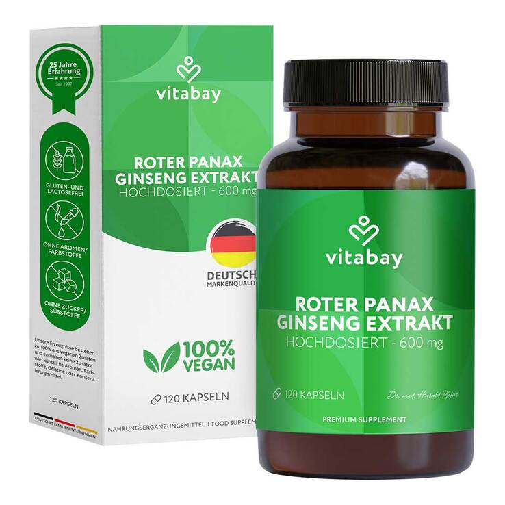 Roter Panax ginseng Extrakt 600 mg vegan Kapseln, 120 St