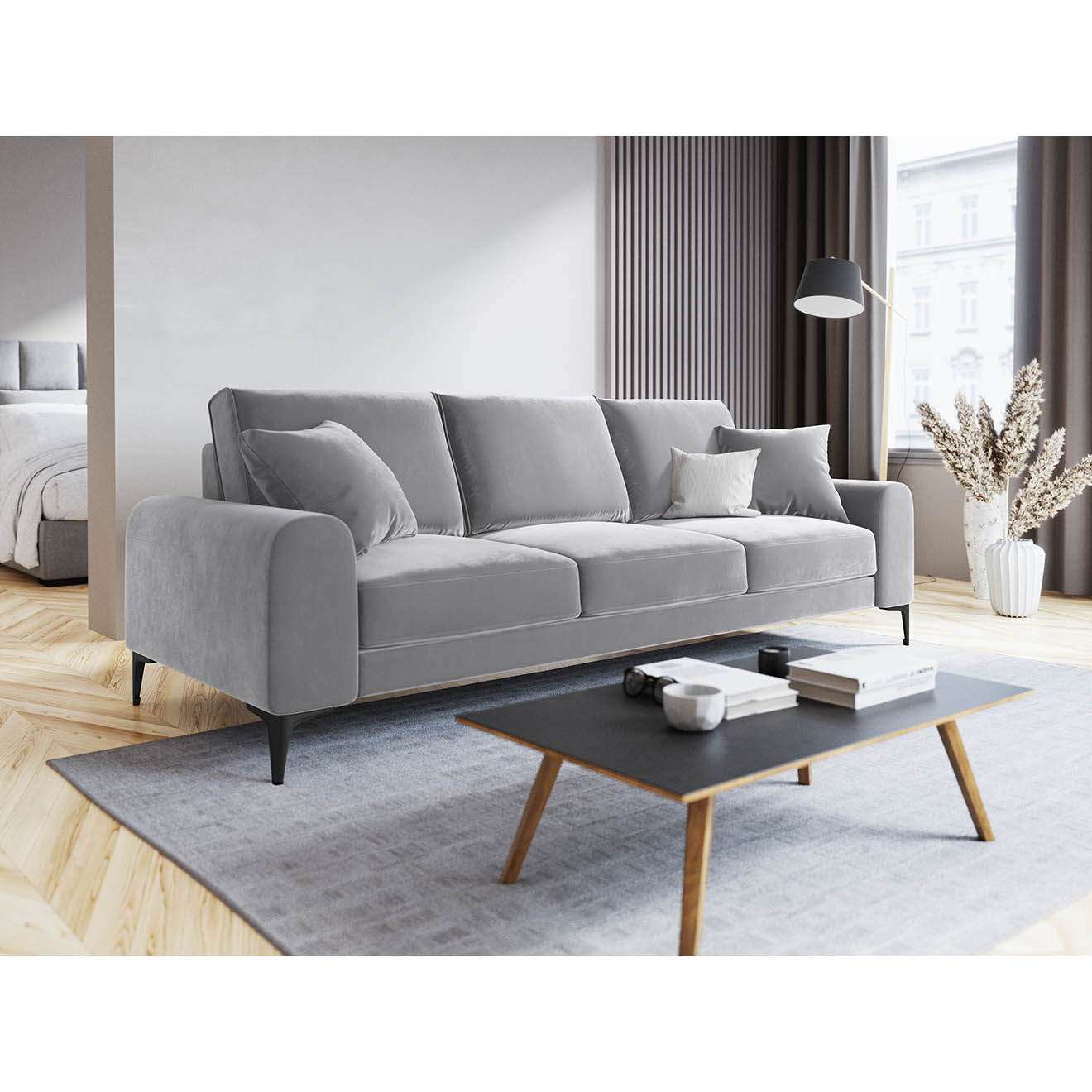 Mazzini Sofas Canapé Velours Madara gris clair - 222x102x90 cm